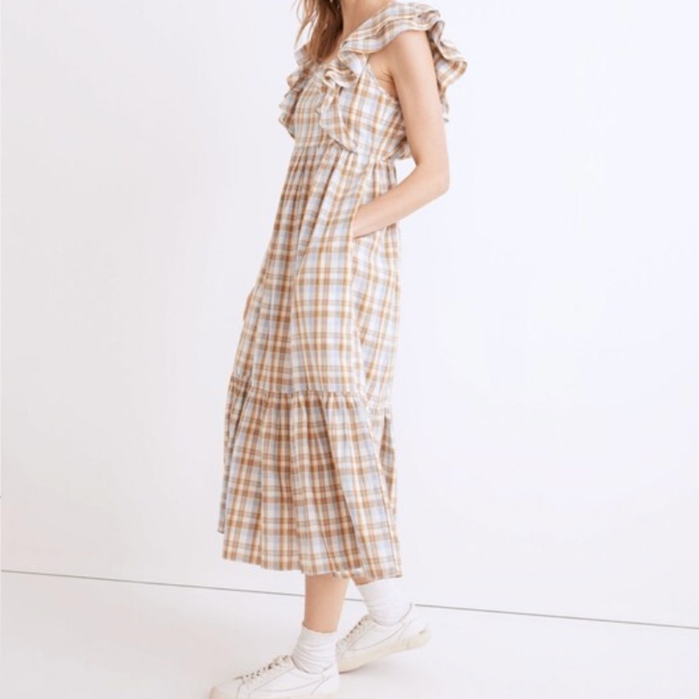 Madewell Ruffle-Sleeve Tiered Midi Dress in Pale Dawn‎ Plaid Cotton Poplin 6
